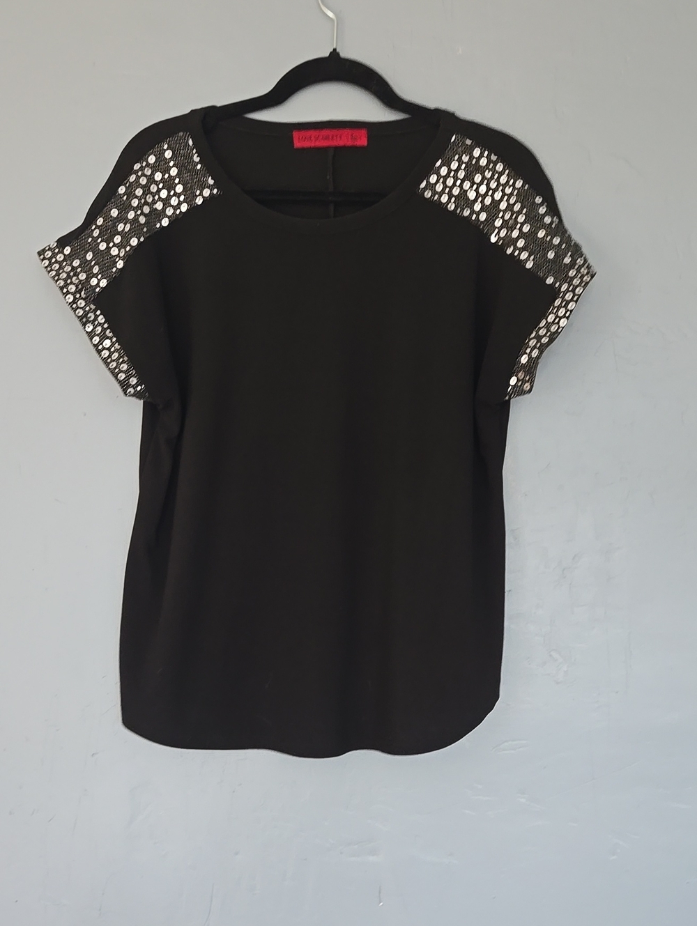 Black Short Sleeve Tee with Sequin Shoulder Details
